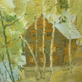 Картина маслом на холсте "Домик у реки", размер 45х55 см. Картинка 2